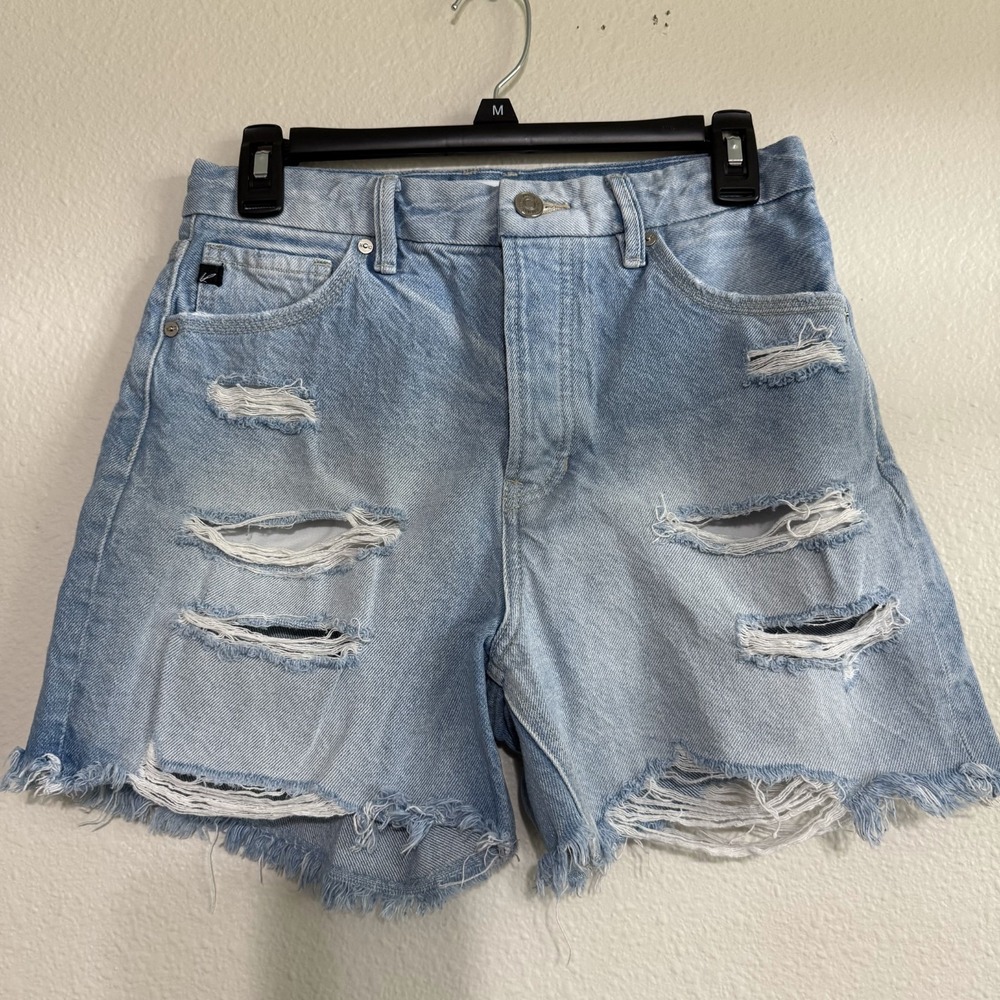 Kancan Shorts Women's Size 5 / 26 Blue Denim Distressed‎ Frayed Hem High Rise